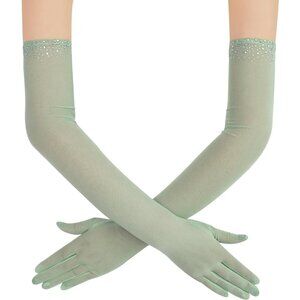 Women's Sexy Pearl Light Sage Beaded Long Gloves Tulle Mesh Wedding Party Prom
